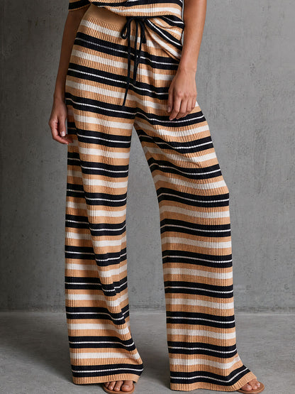 Retro Casual Color-blocked Striped Knit T-shirt And Pants Set