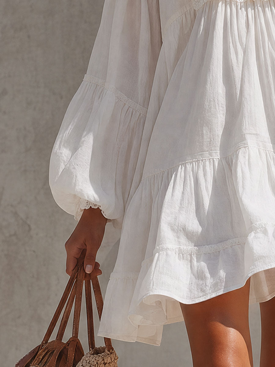 Vintage Lace Square Neck White Long-sleeved Pure Cotton Mini Dress