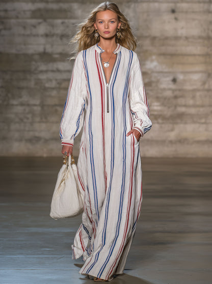 Casual Retro Striped Cotton Linen Long-sleeved Maxi Dress