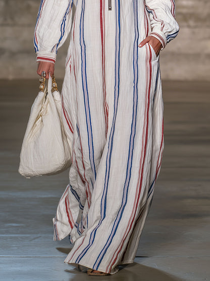 Casual Retro Striped Cotton Linen Long-sleeved Maxi Dress