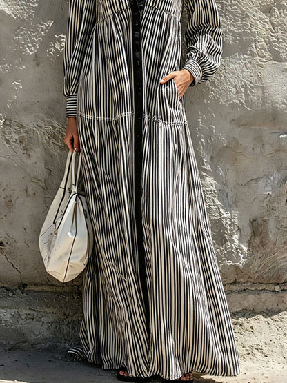 Casual Retro Black And White Striped Cotton And Linen Long-sleeved Maxi Dress