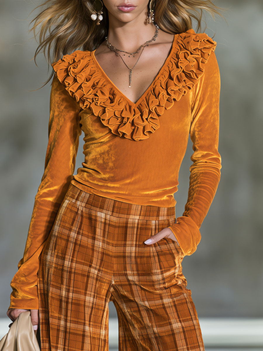 Elegant Retro Orange Long-sleeved Ruffled Top And Plaid Pants Set