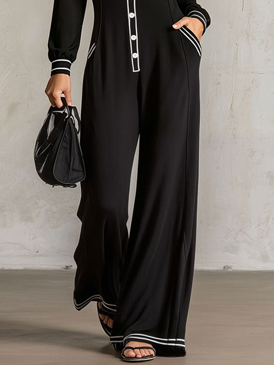Sporty Retro Color-blocked Striped Black Cotton Long-sleeved Wide-leg Jumpsuit