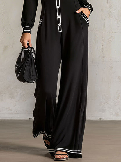 Sporty Retro Color-blocked Striped Black Cotton Long-sleeved Wide-leg Jumpsuit