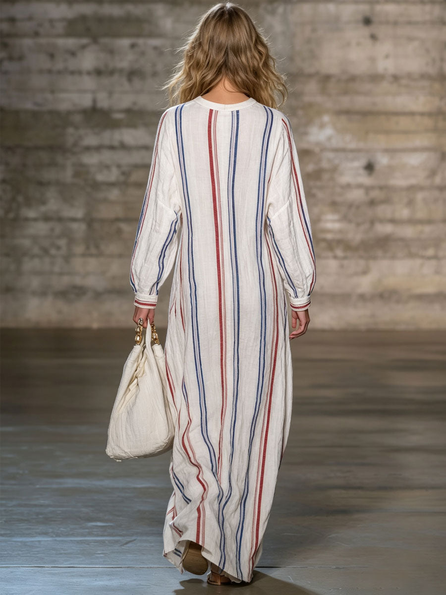 Casual Retro Striped Cotton Linen Long-sleeved Maxi Dress