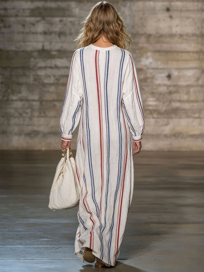 Casual Retro Striped Cotton Linen Long-sleeved Maxi Dress