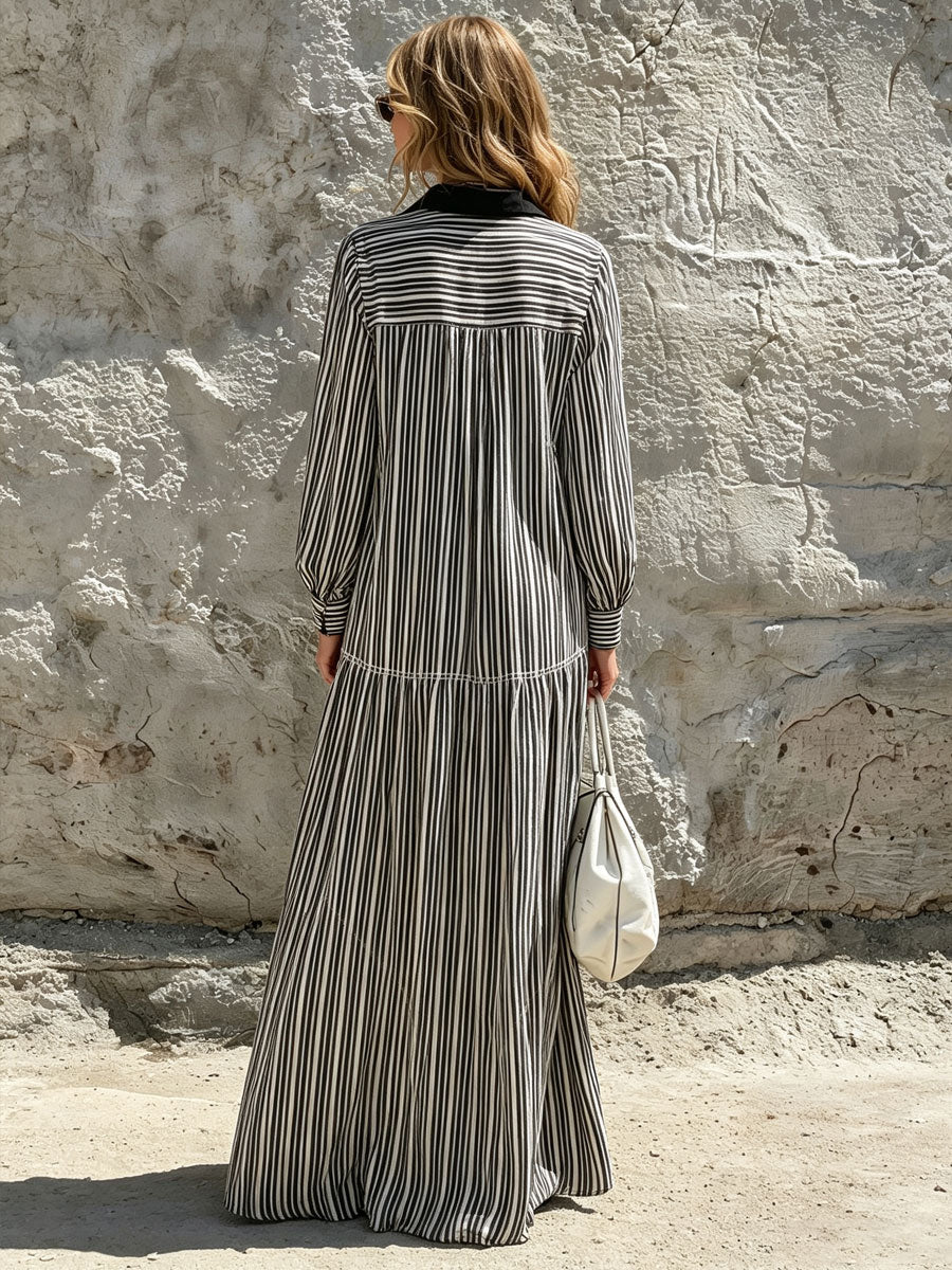 Casual Retro Black And White Striped Cotton And Linen Long-sleeved Maxi Dress