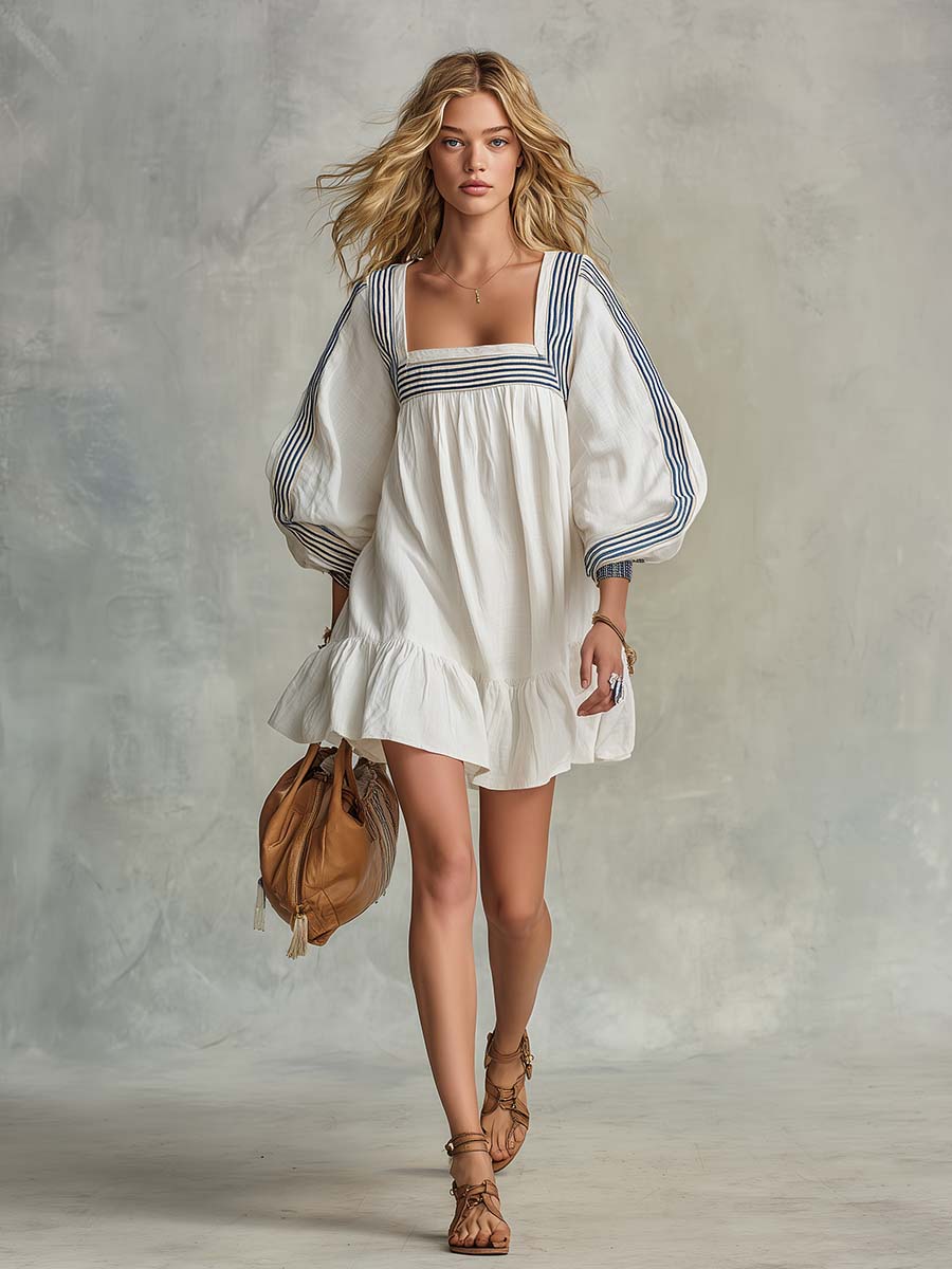 Coastal Striped-Trim Cotton-Linen Square-Neck Puff-Sleeve Babydoll Mini Dress