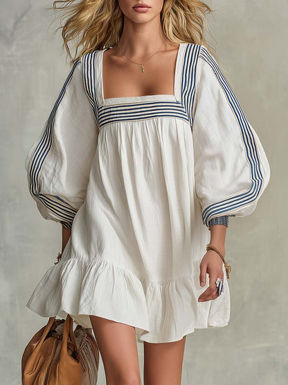 Coastal Striped-Trim Cotton-Linen Square-Neck Puff-Sleeve Babydoll Mini Dress