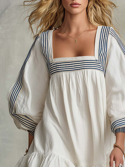 Coastal Striped-Trim Cotton-Linen Square-Neck Puff-Sleeve Babydoll Mini Dress