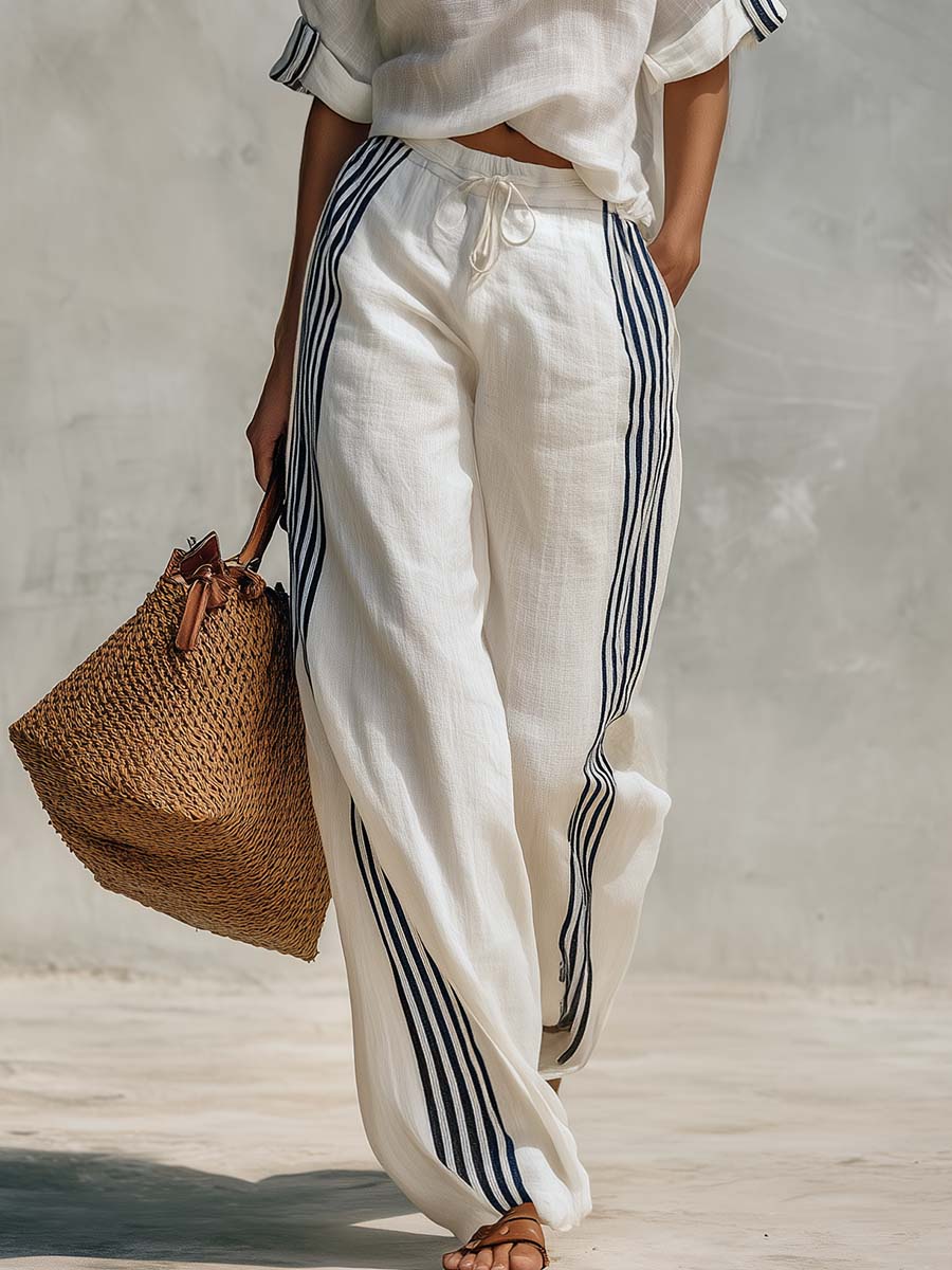 Coastal White Striped Polo Cotton-Linen Top Wide-Leg Pants Set