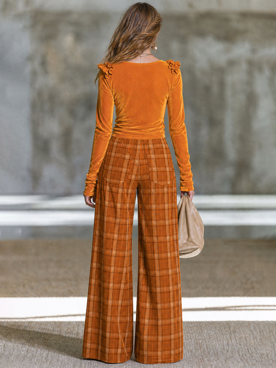Elegant Retro Orange Long-sleeved Ruffled Top And Plaid Pants Set