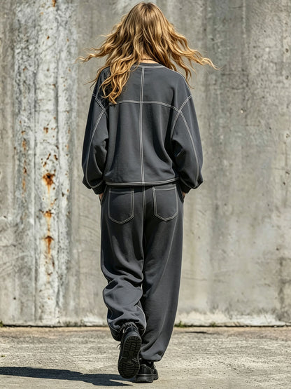 Sporty Retro Dark Gray Cotton Sweatshirt And Cargo Pants Set
