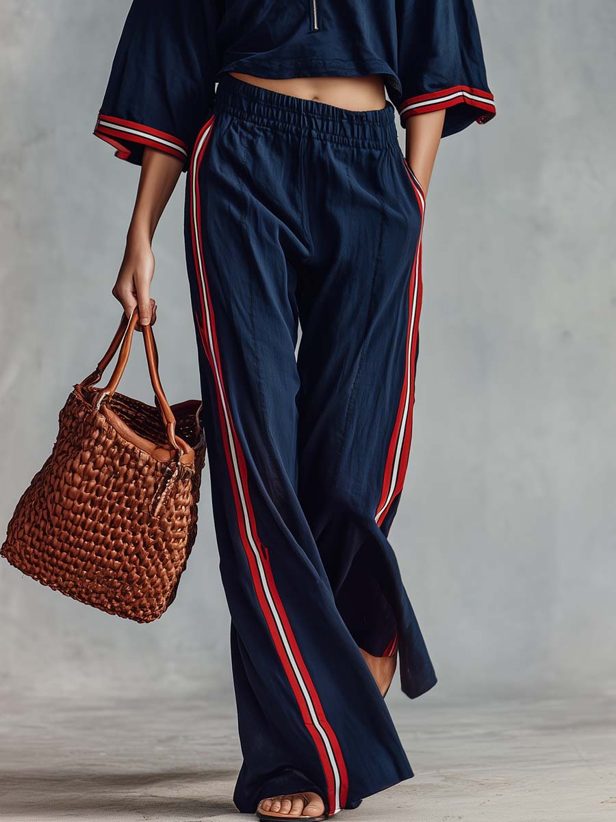 Retro Sporty Dark Blue Cotton Striped Half-Zip Square Neck Top Wide-Leg Pants Set