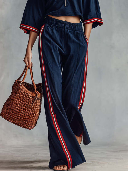 Retro Sporty Dark Blue Cotton Striped Half-Zip Square Neck Top Wide-Leg Pants Set