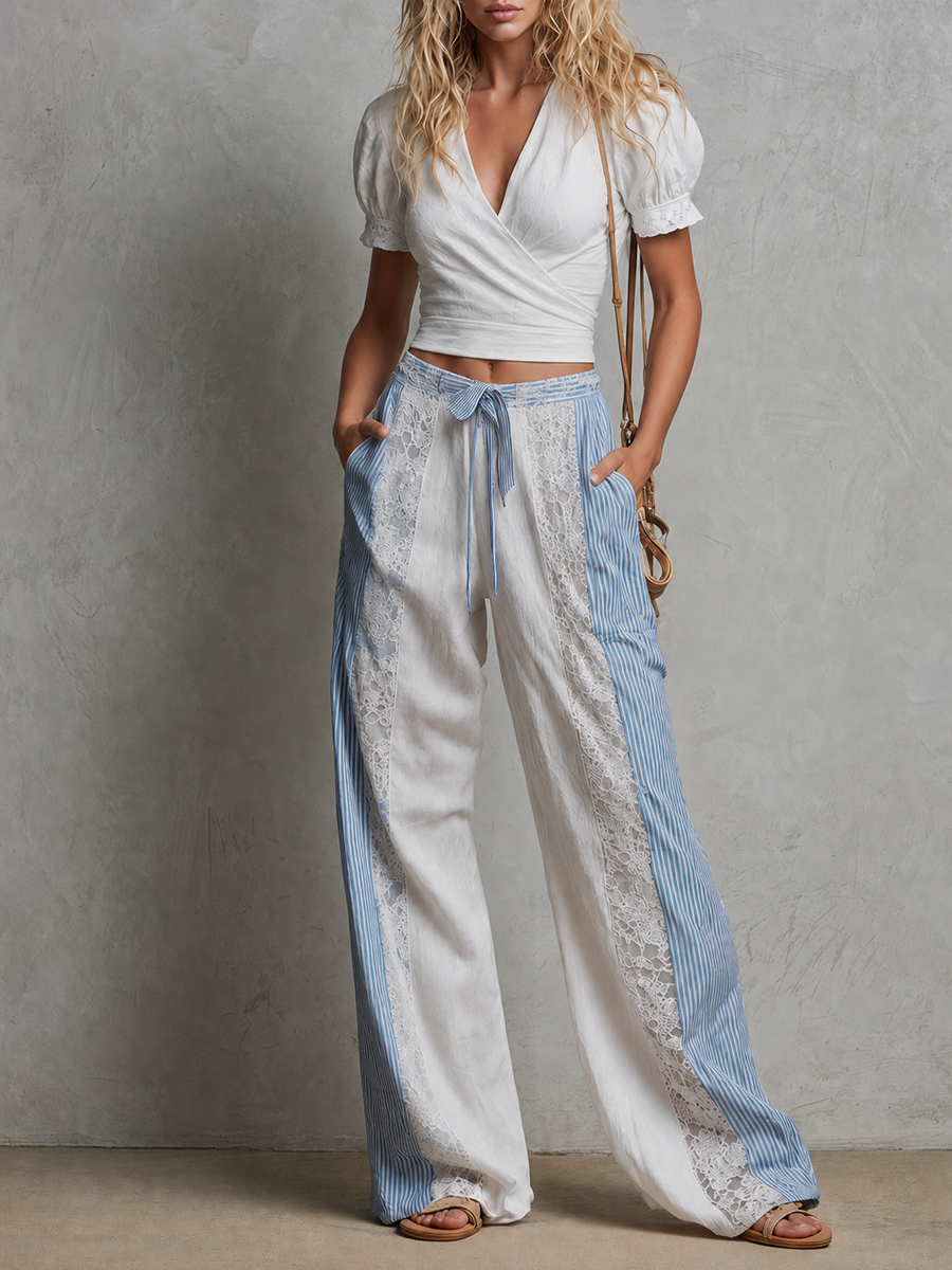 Retro-casual Elegant Western-style Trousers Featuring Plaid And Lace Paneling