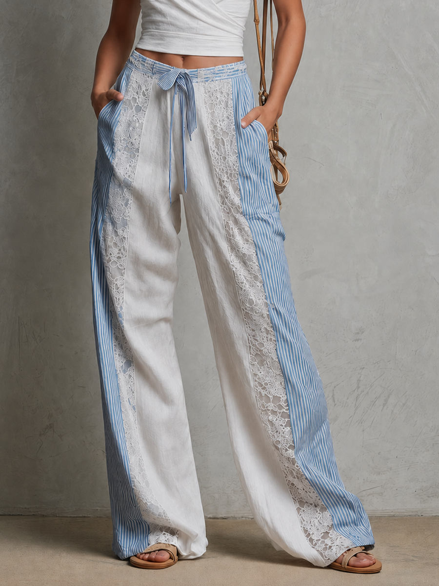 Retro-casual Elegant Western-style Trousers Featuring Plaid And Lace Paneling