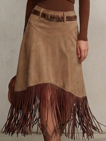 Retro-chic Western-style Knotted Top And Faux-suede Fringe Skirt Set