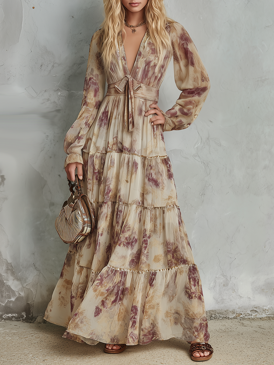 Vintage-style Casual Yet Elegant Western-inspired Printed Chiffon Dress