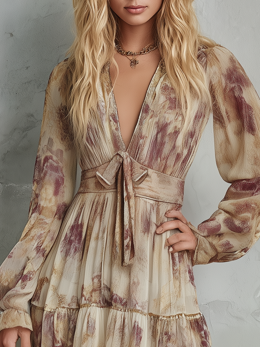Vintage-style Casual Yet Elegant Western-inspired Printed Chiffon Dress