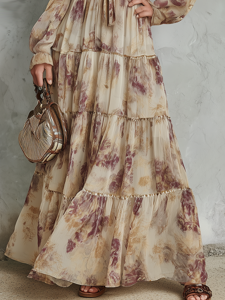 Vintage-style Casual Yet Elegant Western-inspired Printed Chiffon Dress