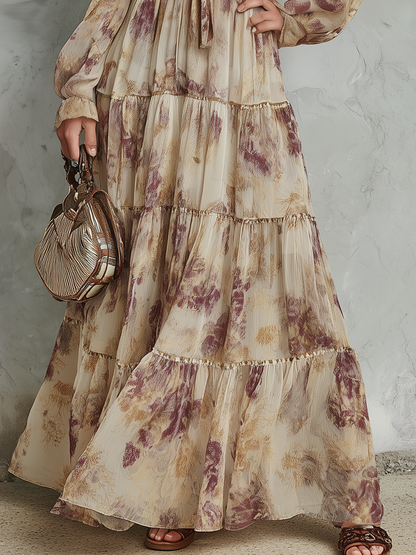 Vintage-style Casual Yet Elegant Western-inspired Printed Chiffon Dress