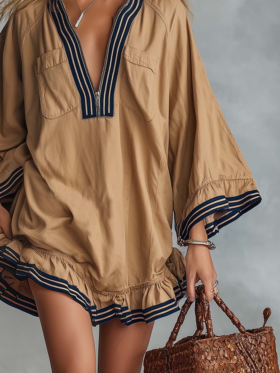Coastal Khaki Cotton Half-Zip Striped-Trim Ruffle Oversized Mini Dress