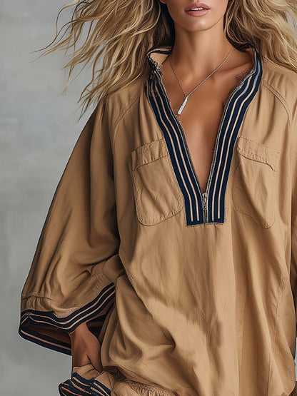 Coastal Khaki Cotton Half-Zip Striped-Trim Ruffle Oversized Mini Dress