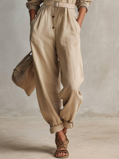 Vintage-style Casual Elegant Western-inspired Cotton-linen Blend Jumpsuit With Rolled-up Cropped Legs