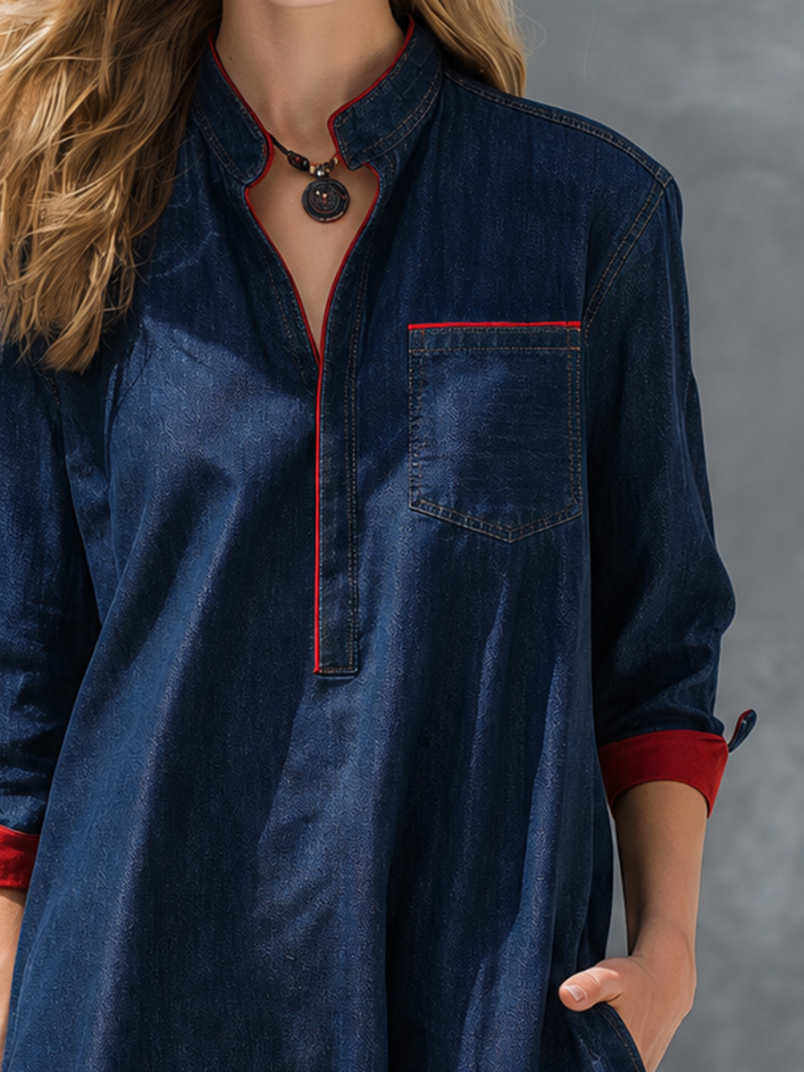 Vintage Denim Shirt Maxi – Red Piping Chest Pocket Ruffle Hem 3/4 Sleeve