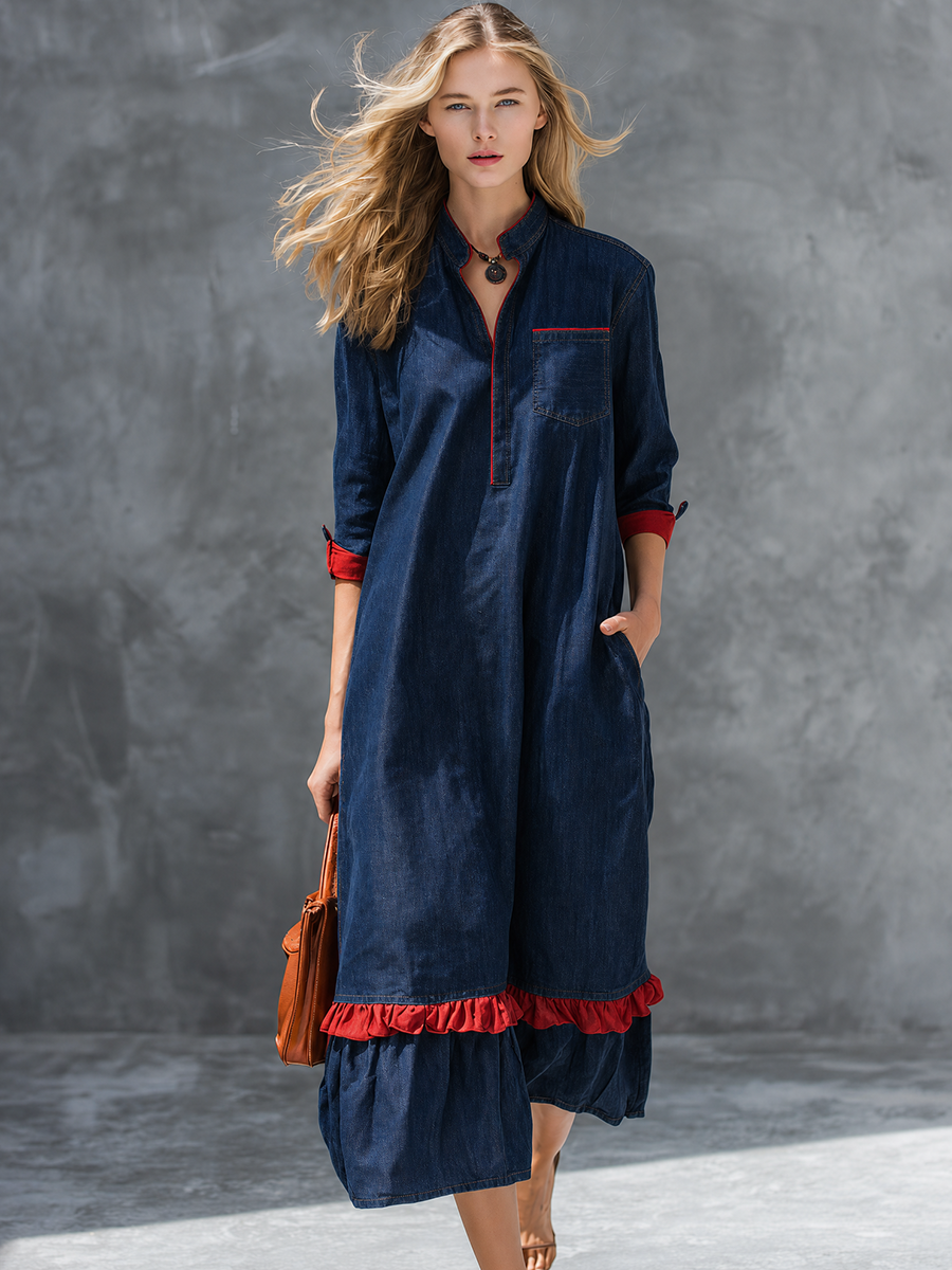 Vintage Denim Shirt Maxi – Red Piping Chest Pocket Ruffle Hem 3/4 Sleeve