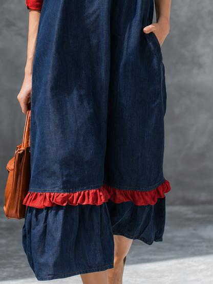 Vintage Denim Shirt Maxi – Red Piping Chest Pocket Ruffle Hem 3/4 Sleeve
