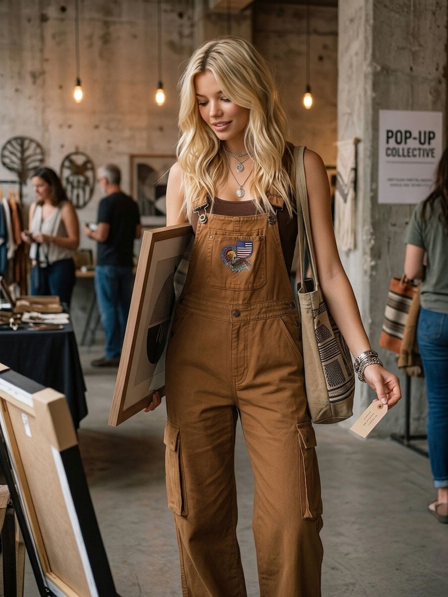 Camel Wide-Leg Cargo Overalls – Adjustable Straps Heart-Flag Patch Loose Fit