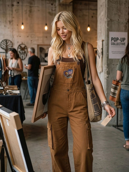 Camel Wide-Leg Cargo Overalls – Adjustable Straps Heart-Flag Patch Loose Fit