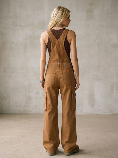 Camel Wide-Leg Cargo Overalls – Adjustable Straps Heart-Flag Patch Loose Fit