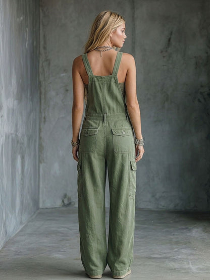 Army Green Utility Overalls – Cargo Pockets Wide-Leg Jumpsuit Relaxed Fit