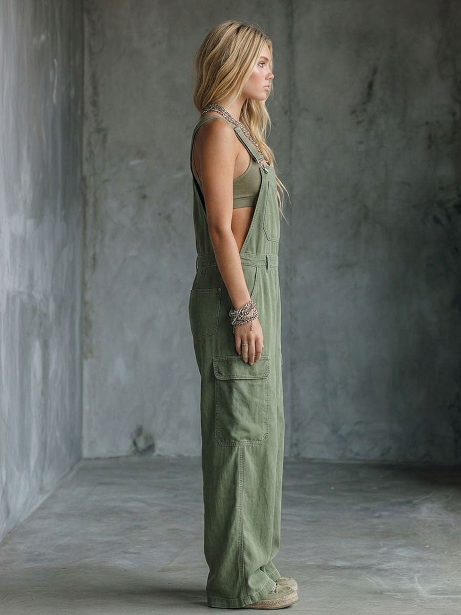 Army Green Utility Overalls – Cargo Pockets Wide-Leg Jumpsuit Relaxed Fit