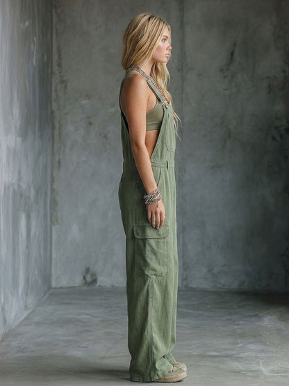Army Green Utility Overalls – Cargo Pockets Wide-Leg Jumpsuit Relaxed Fit