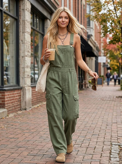 Army Green Utility Overalls – Cargo Pockets Wide-Leg Jumpsuit Relaxed Fit