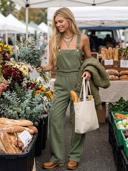 Army Green Utility Overalls – Cargo Pockets Wide-Leg Jumpsuit Relaxed Fit