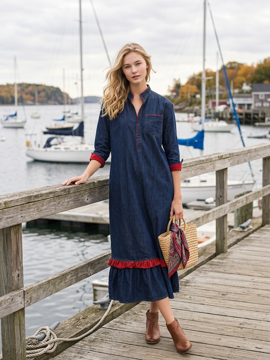 Vintage Denim Shirt Maxi – Red Piping Chest Pocket Ruffle Hem 3/4 Sleeve