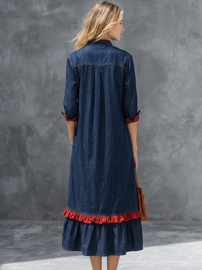 Vintage Denim Shirt Maxi – Red Piping Chest Pocket Ruffle Hem 3/4 Sleeve
