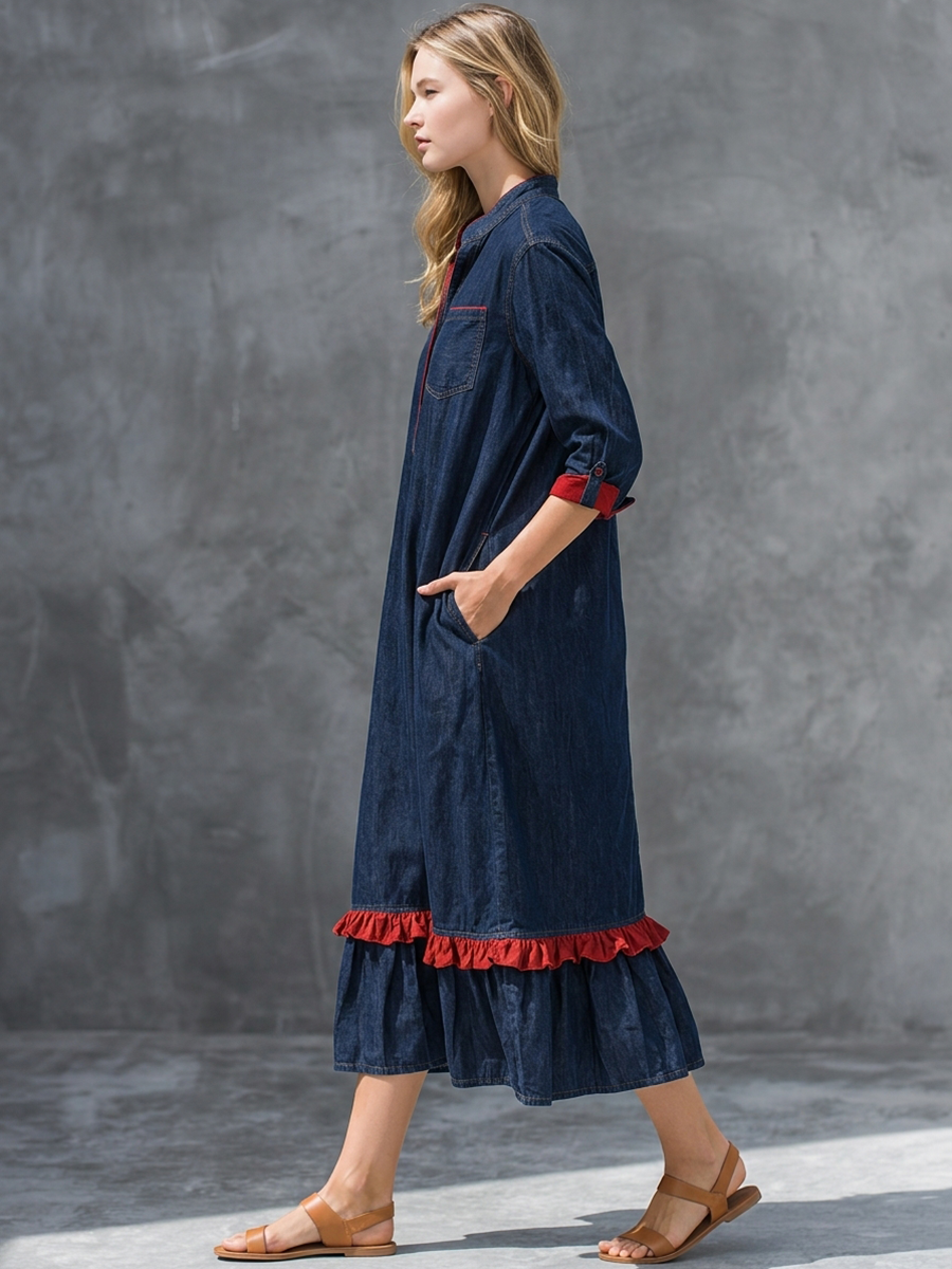 Vintage Denim Shirt Maxi – Red Piping Chest Pocket Ruffle Hem 3/4 Sleeve