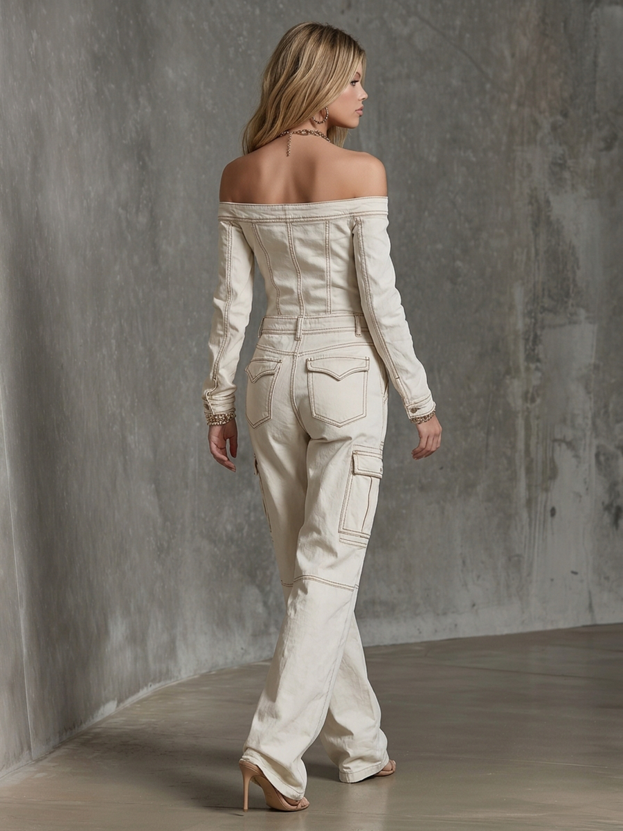 Western Denim Jumpsuit – Off-Shoulder Bardot Button Bodice Wide-Leg Cargo