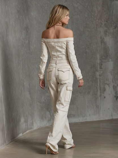 Western Denim Jumpsuit – Off-Shoulder Bardot Button Bodice Wide-Leg Cargo