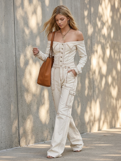 Western Denim Jumpsuit – Off-Shoulder Bardot Button Bodice Wide-Leg Cargo