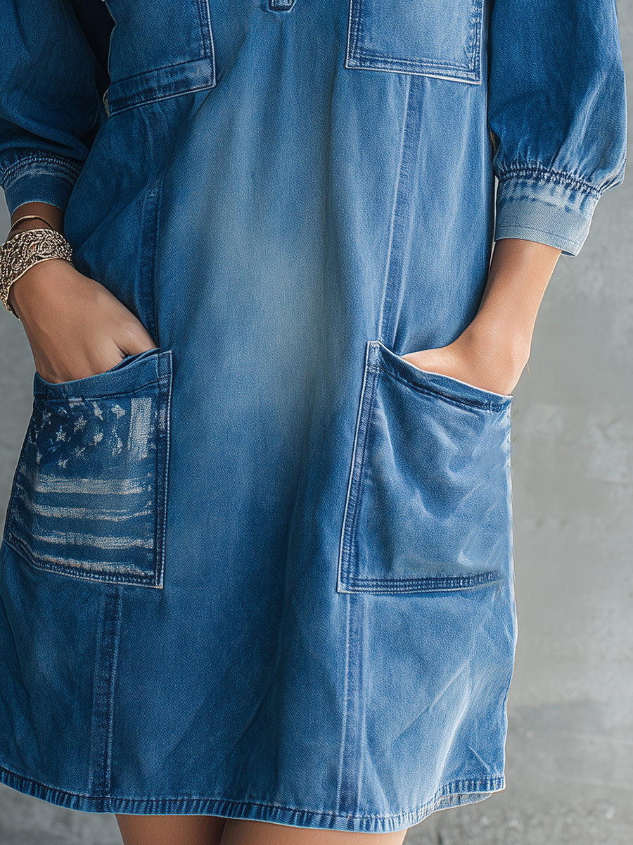 Vintage Denim Shirt Dress – Half-Zip, Three-Quarter Sleeve, Cargo Pockets