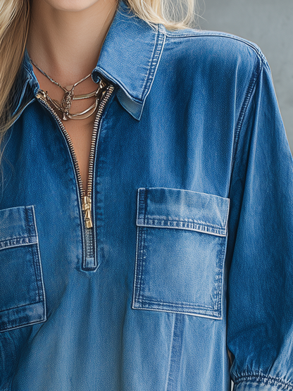Vintage Denim Shirt Dress – Half-Zip, Three-Quarter Sleeve, Cargo Pockets