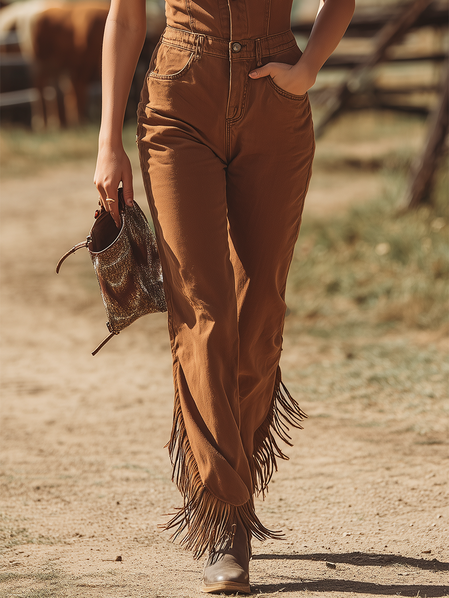 Vintage Lapel-collar Fringe Denim Jumpsuit