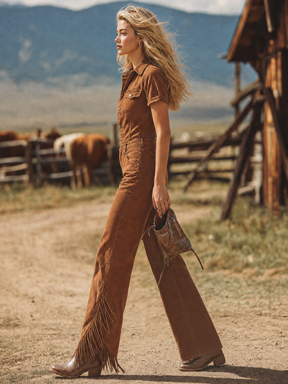 Vintage Lapel-collar Fringe Denim Jumpsuit